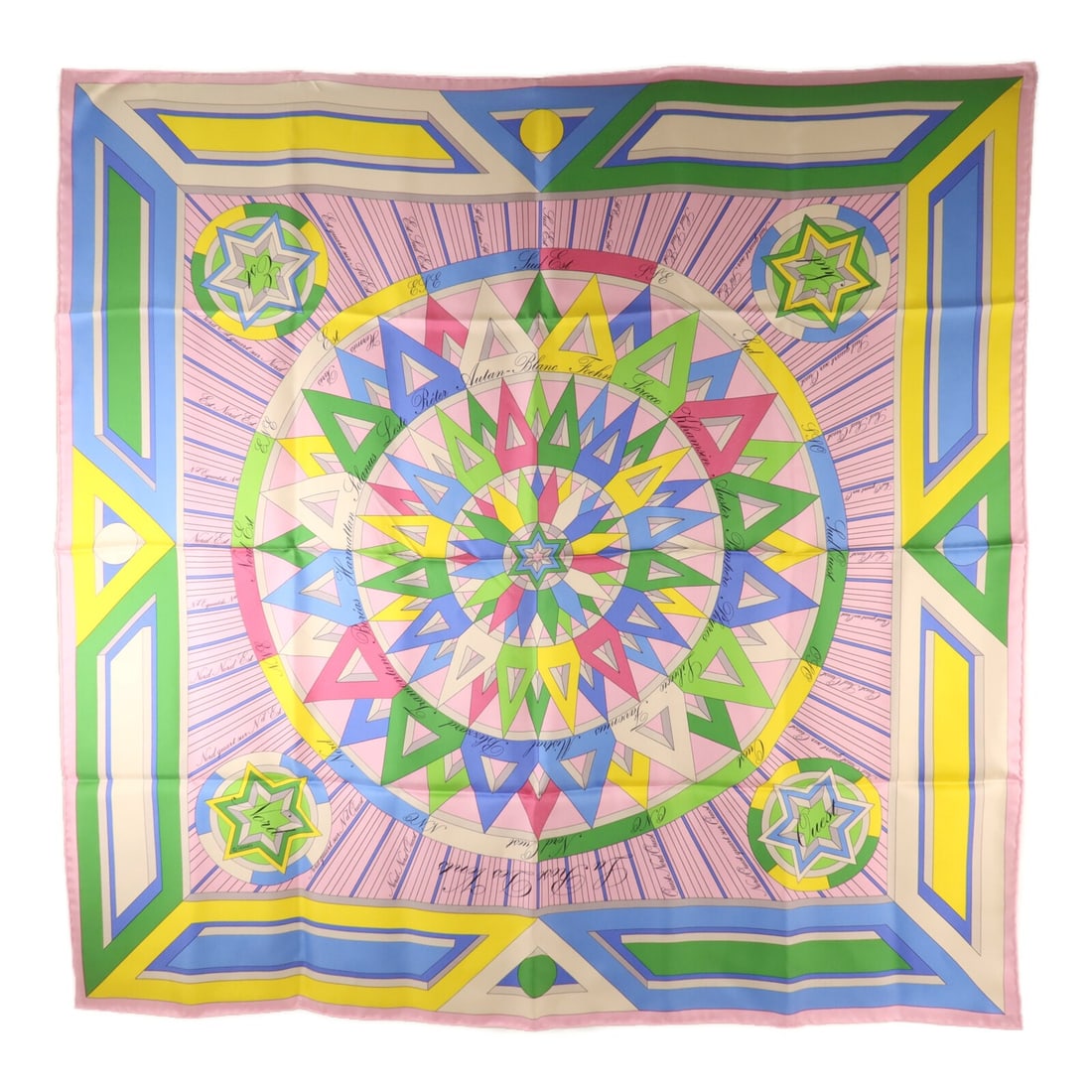 Hermes silk pink multicolor 90x90 square scarf: Hermes silk pink multicolor 90x90 square scarf This Hermes scarf features a vibrant pink and multicolor design crafted from luxurious silk. Made in France, it is designed for women and offers a classi