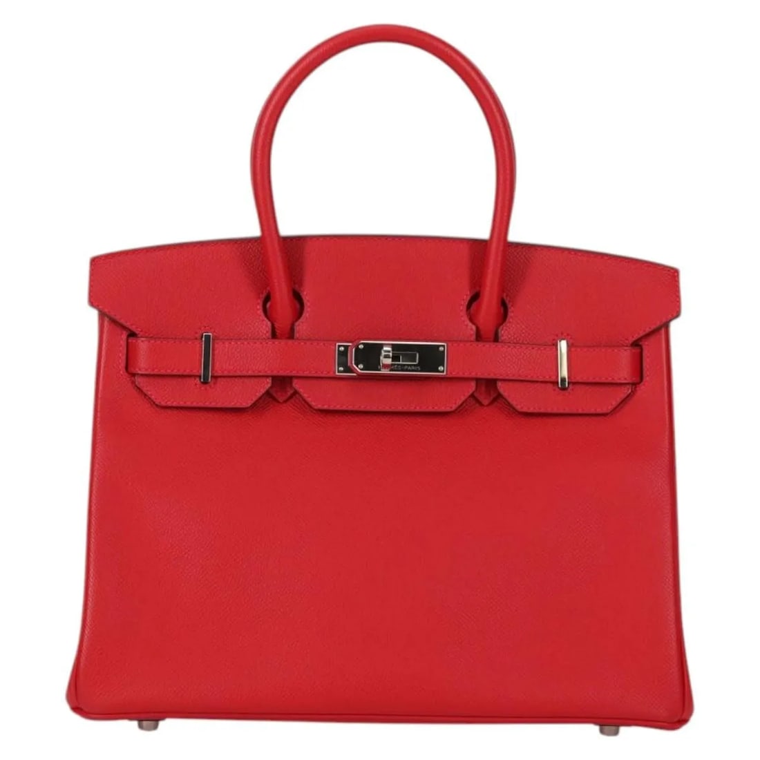 Hermes Birkin 30cm Red Epsom Leather Bag with Palladium Hardware: Hermes Birkin 30cm Red Epsom Leather Bag with Palladium Hardware Hermes Birkin handbag crafted from red Epsom leather and finished with palladium hardware. This bag is designed for women and features 