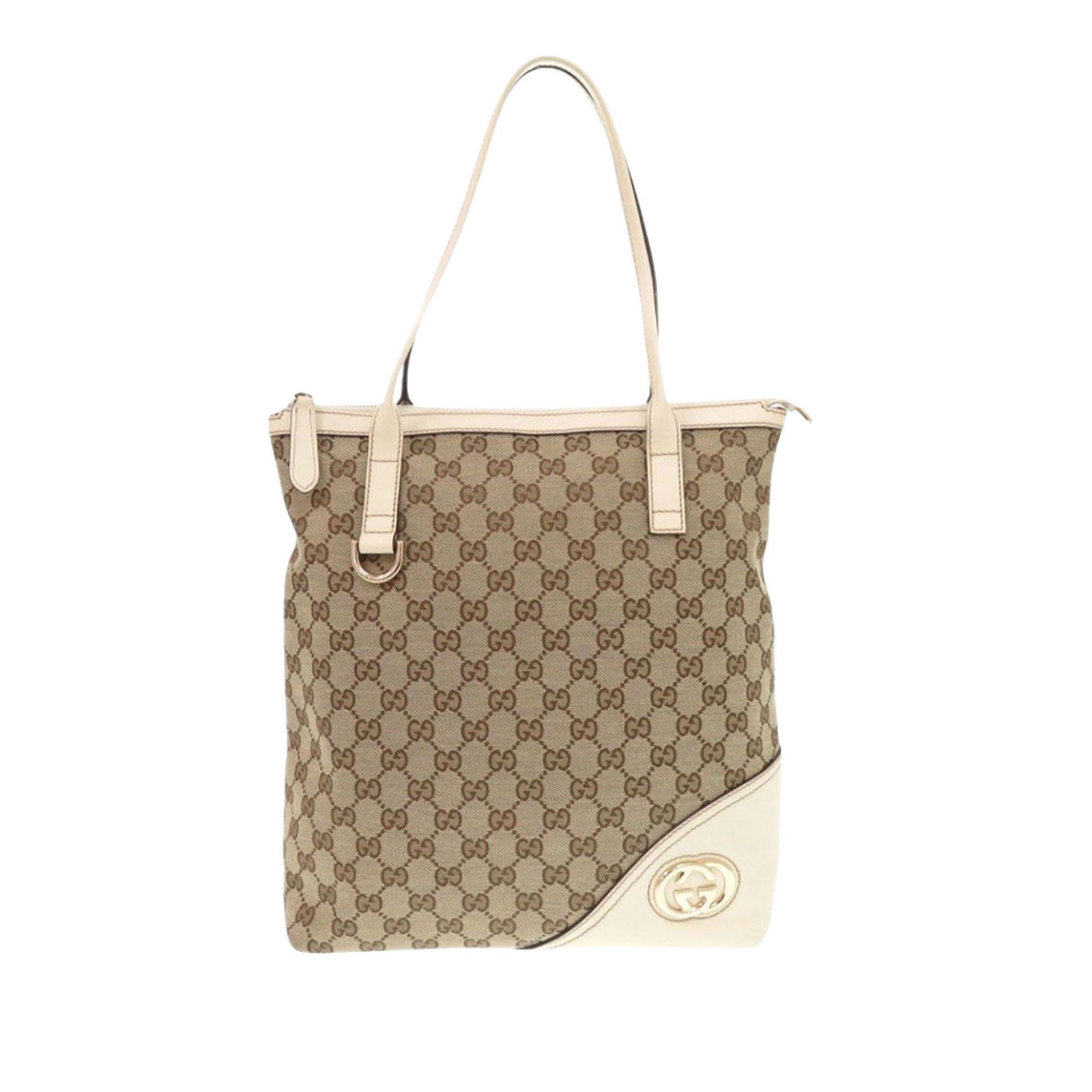 GG Canvas Britt Tote Bag with Leather Trim by Gucci: GG Canvas Britt Tote Bag with Leather Trim by Gucci This Gucci GG Canvas Britt Tote features a beige canvas body with leather trim, flat leather handles, a top zip closure, and interior zip and slip p