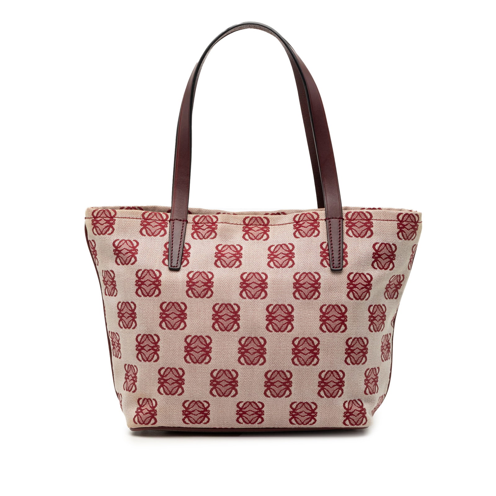 Loewe Anagram Red Canvas Tote Bag with Leather Handles: Loewe Anagram Red Canvas Tote Bag with Leather Handles This LOEWE Anagram Canvas Tote features a canvas body with flat leather handles, an open top secured by a lobster clasp, and interior zip and sli
