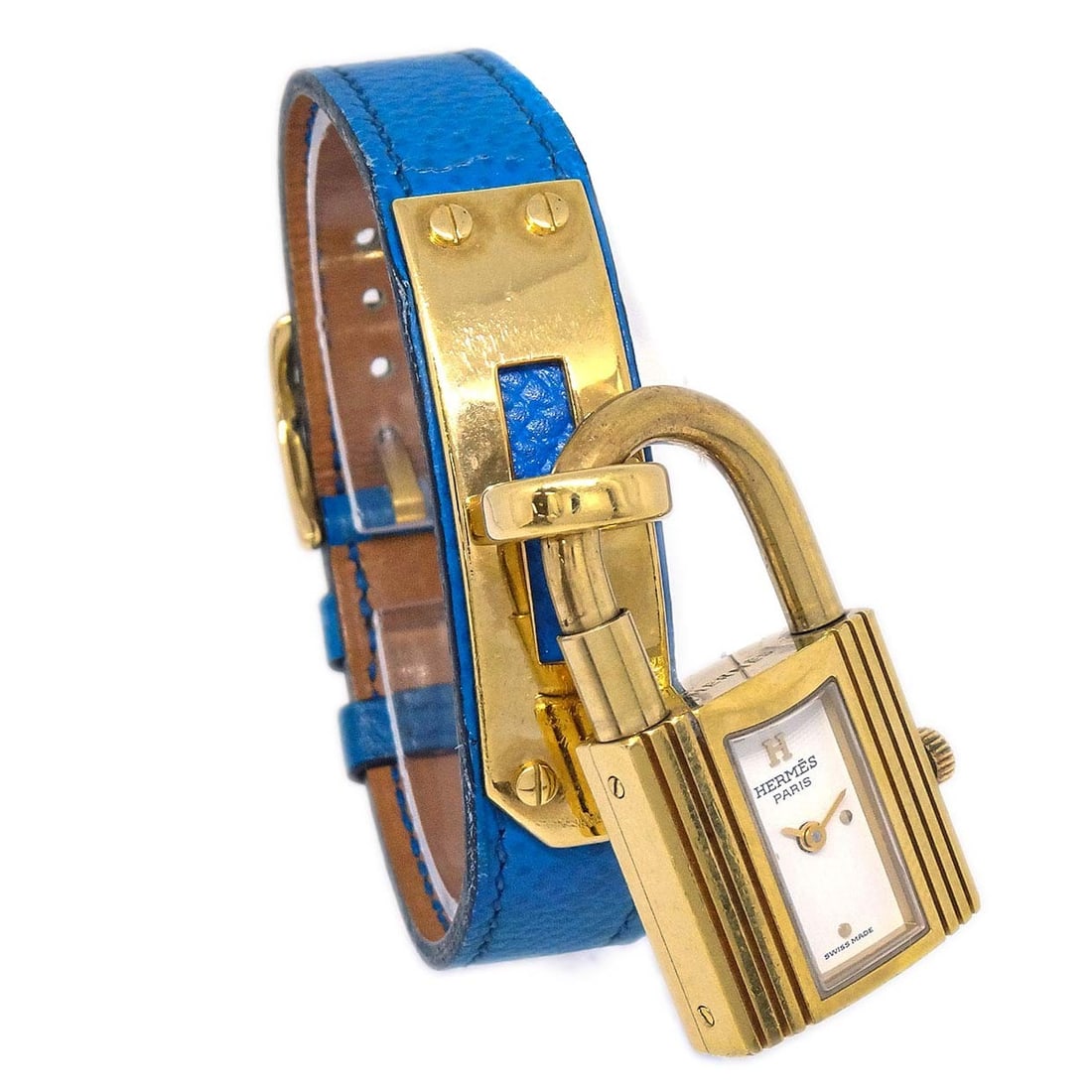 HERMES Kelly 20 mm Ladies Quartz Wristwatch Blue Courchevel Leather: HERMES Kelly 20 mm Ladies Quartz Wristwatch Blue Courchevel Leather Hermes Kelly quartz wristwatch with a blue Courchevel leather band, gold-plated case, white analog dial, and Swiss-made movement. Th