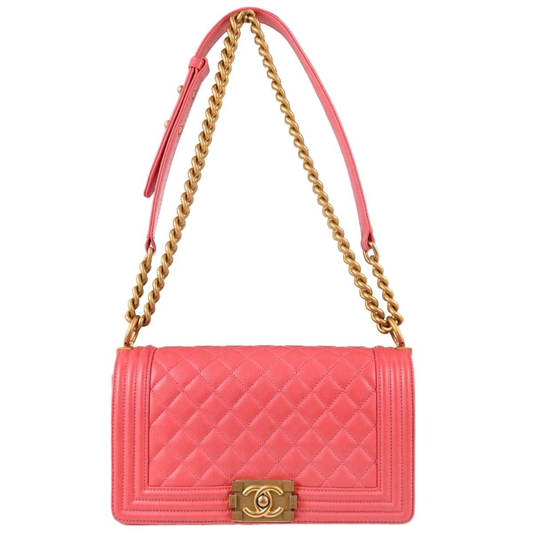 CHANEL Boy Medium Pink Caviar Leather Shoulder Bag: CHANEL Boy Medium Pink Caviar Leather Shoulder Bag Medium Boy Chanel shoulder bag in pink caviar skin leather with a push-lock closure, quilted accents, chain shoulder strap, and one interior pocket. 