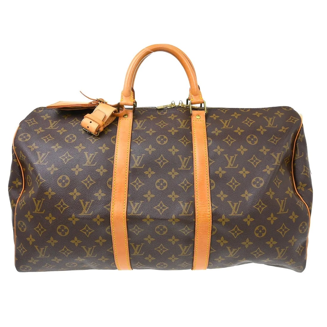 Louis Vuitton Keepall Unisex Brown Canvas Travel Bag: Louis Vuitton Keepall Unisex Brown Canvas Travel Bag Louis Vuitton Keepall in brown monogram canvas. This unisex travel bag is made in France and remains in good condition with visible wear. Noted con