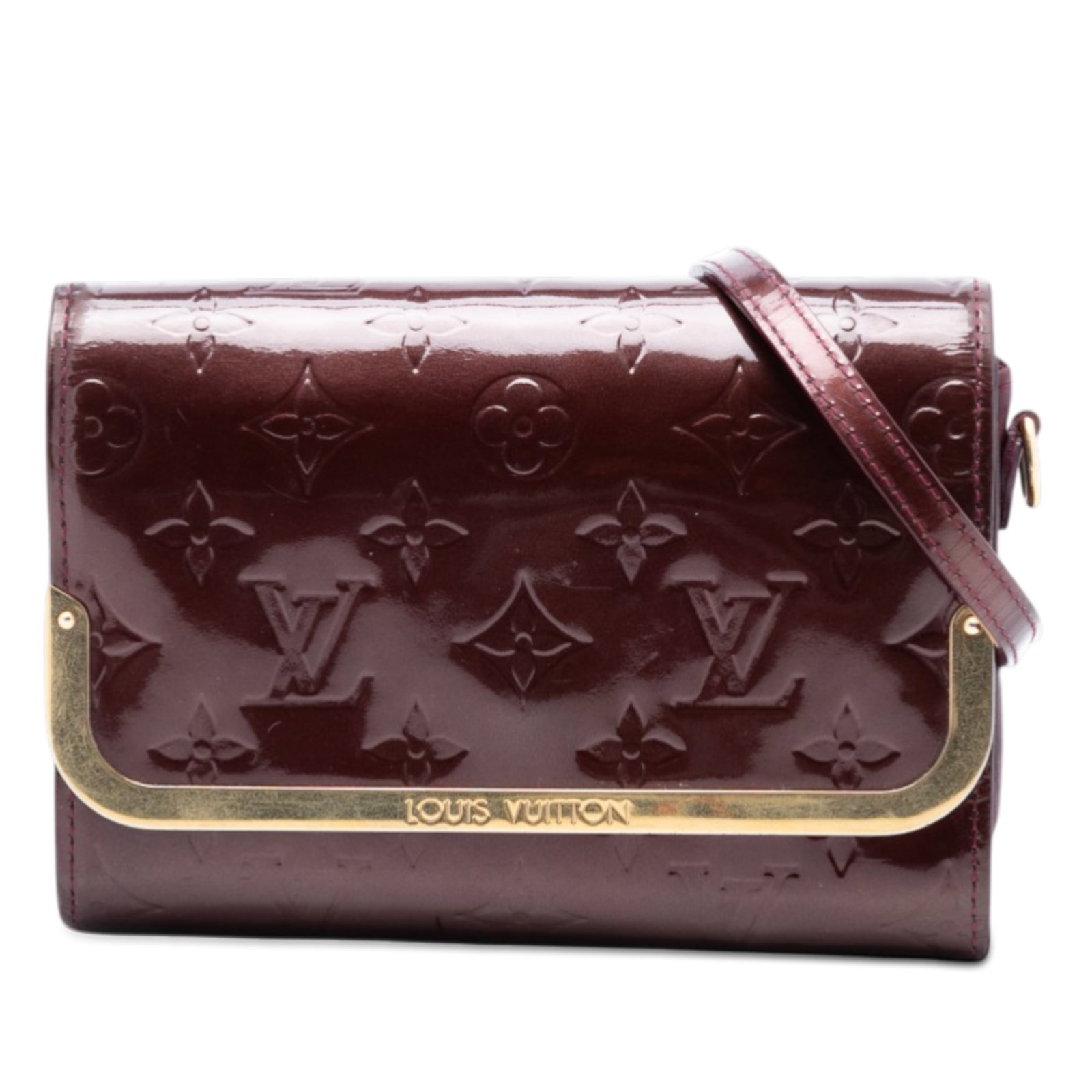 Louis Vuitton Rossmore PM Red Monogram Vernis Leather Shoulder Bag: Louis Vuitton Rossmore PM Red Monogram Vernis Leather Shoulder Bag The Louis Vuitton Monogram Vernis Rossmore PM features a glossy monogram vernis leather body in red, a flat leather strap, a front fl