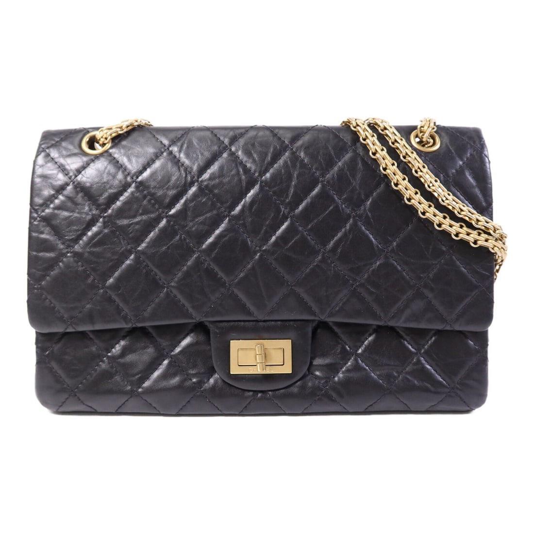 Chanel 2.55 Large Black Calfskin CC Shoulder Bag with Gold Hardware: Chanel 2.55 Large Black Calfskin CC Shoulder Bag with Gold Hardware This CHANEL 2.55 large chain shoulder bag features black calfskin leather and distinctive CC hardware. Designed for women, it offers