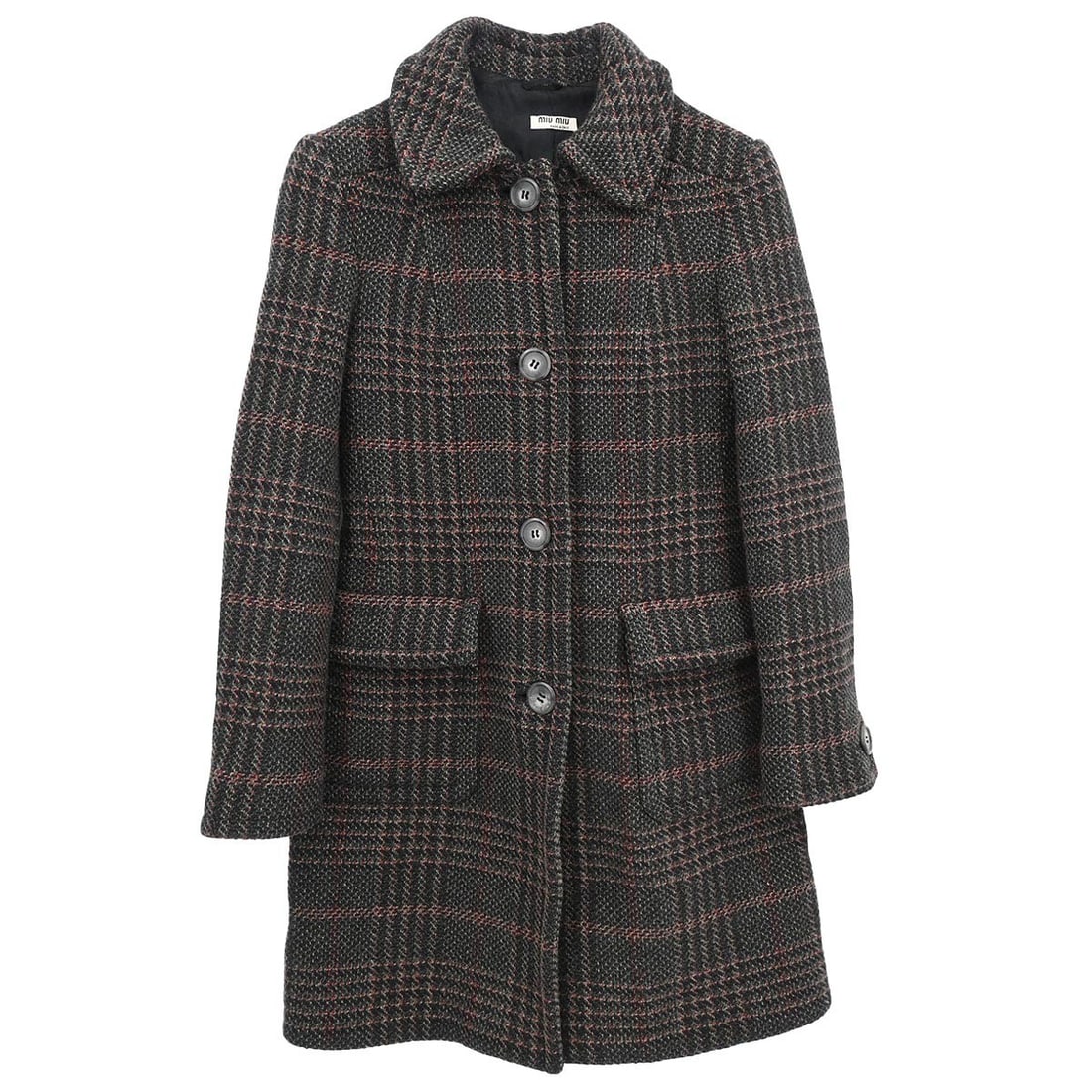 Gray Mid Length Wool Blend Overcoat Miu Miu Size 36: Gray Mid Length Wool Blend Overcoat Miu Miu Size 36 Vintage Miu Miu single-breasted mid-length overcoat in gray with a collared neckline, long sleeves, and button closure. Designed for women, this cas