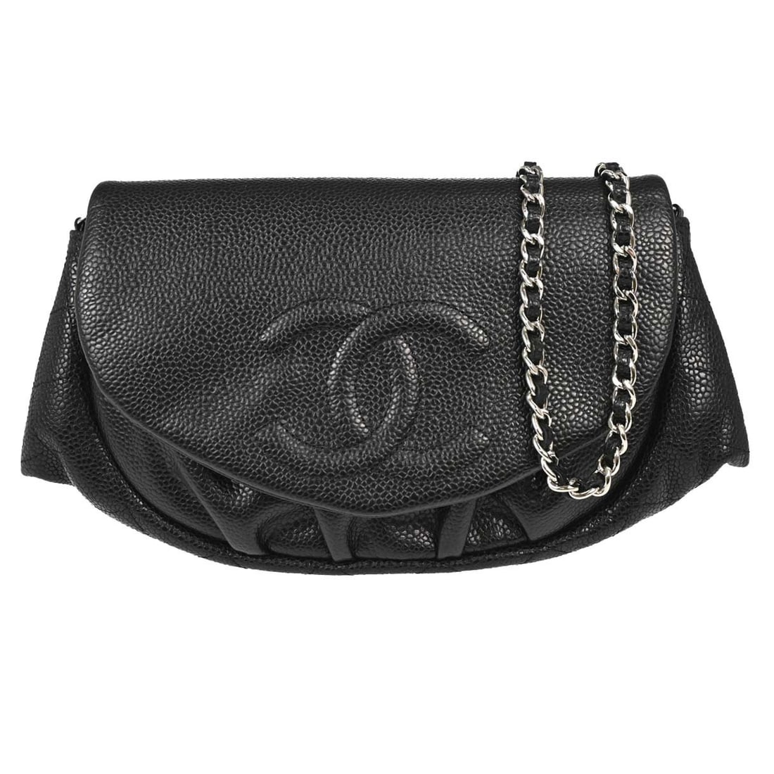 CHANEL Wallet on Chain shoulder bag black caviar leather: CHANEL Wallet on Chain shoulder bag black caviar leather Chanel Wallet on Chain shoulder bag in black caviar skin leather with a half moon flap silhouette, magnetic closure, and chain shoulder strap. 