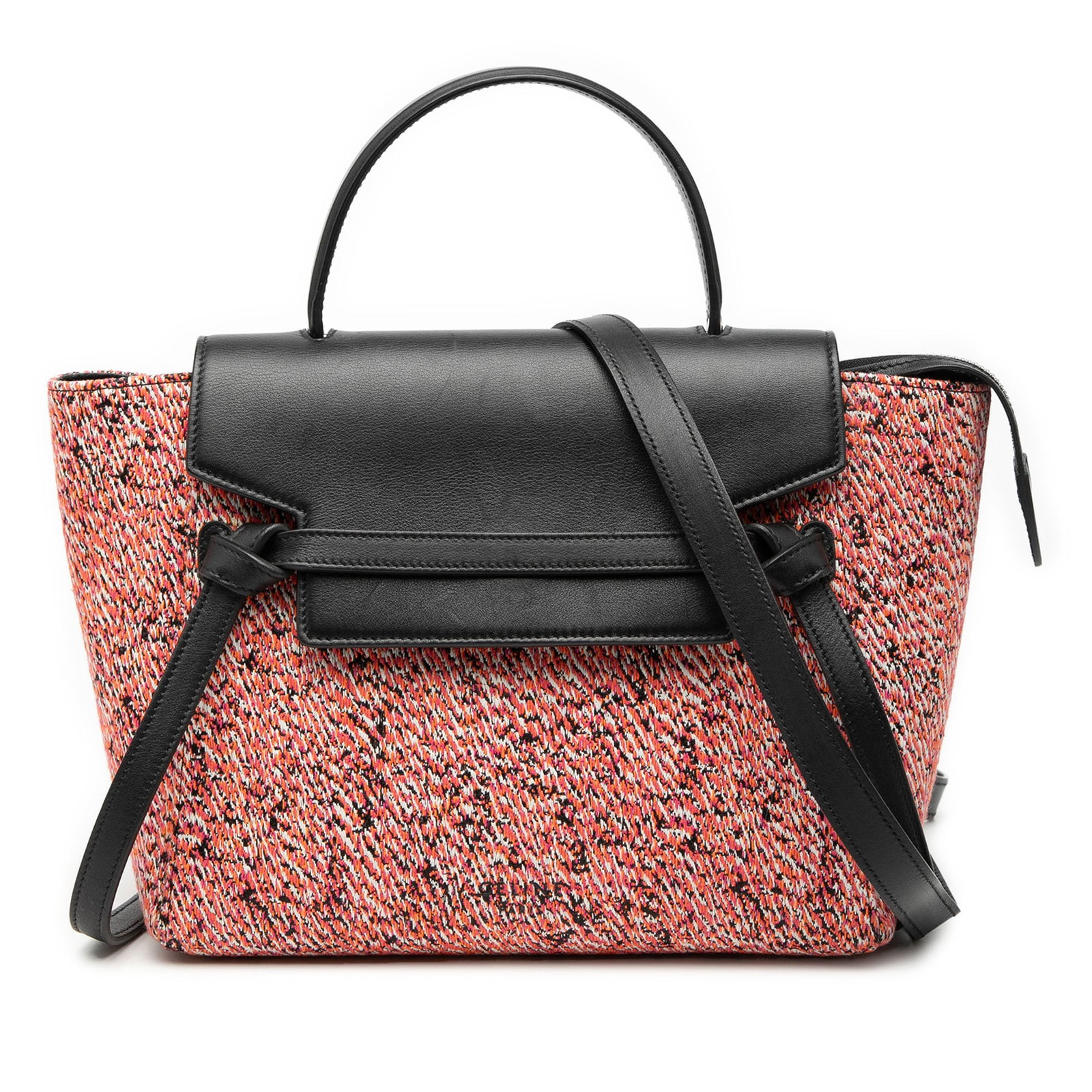 Celine Micro Belt Satchel Pink Tweed With Leather Trim and Strap: Celine Micro Belt Satchel Pink Tweed With Leather Trim and Strap This Celine Micro Tweed Belt Satchel features a tweed body with leather trim, a flat leather top handle, and a detachable flat leather 