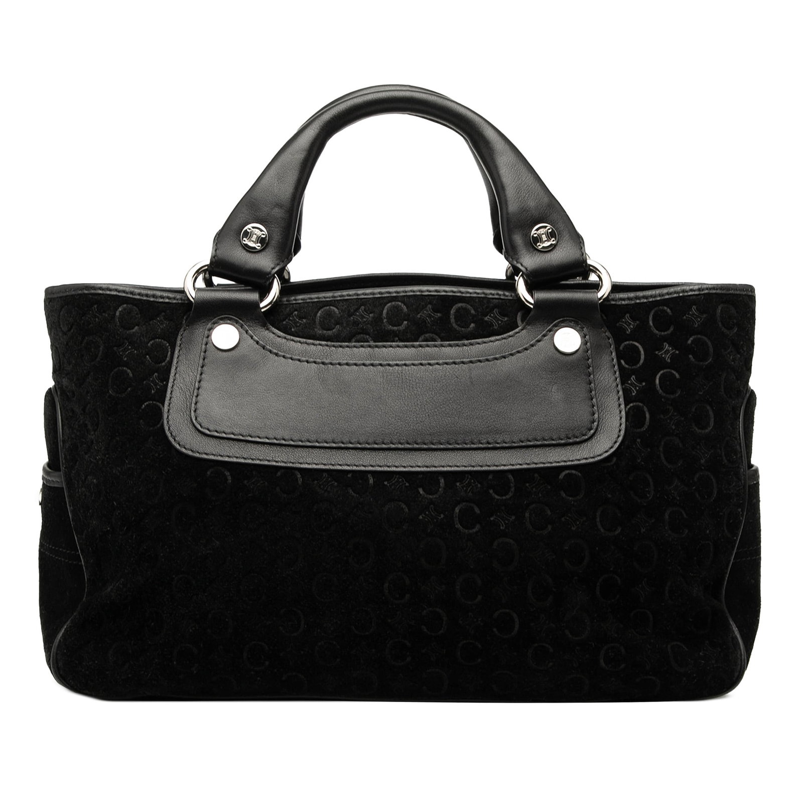 Celine C Macadam Black Suede Boogie Handbag with Leather Trim: Celine C Macadam Black Suede Boogie Handbag with Leather Trim The Celine C Macadam Suede Boogie Handbag is a stylish accessory crafted from luxurious suede with calf leather trim. This handbag feature