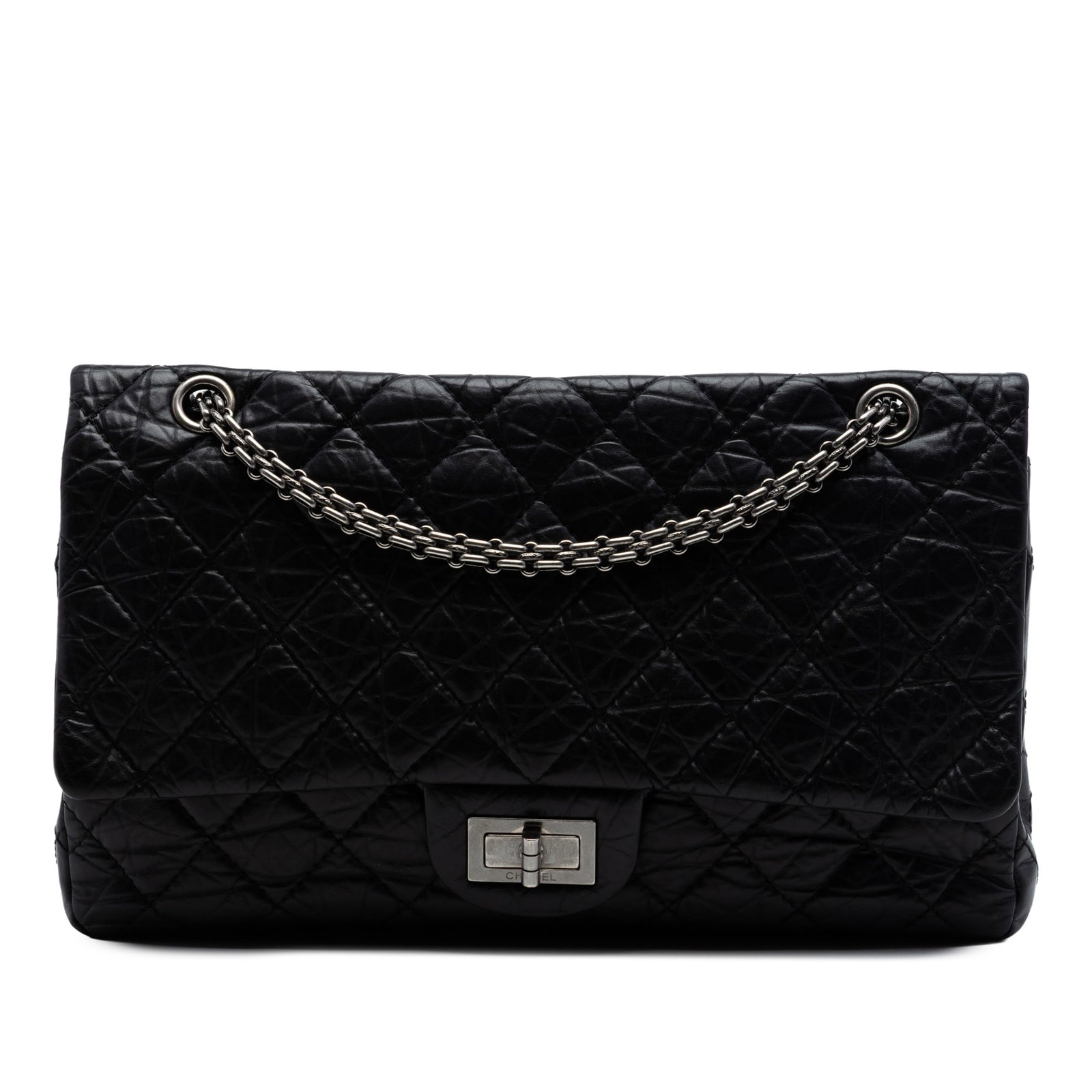 Chanel Reissue 2.55 227 Quilted Black Calfskin Shoulder Bag: Chanel Reissue 2.55 227 Quilted Black Calfskin Shoulder Bag Chanel Reissue 2.55 Double Flap 227 shoulder bag in black quilted aged calfskin. This bag features chain link shoulder straps, double front 