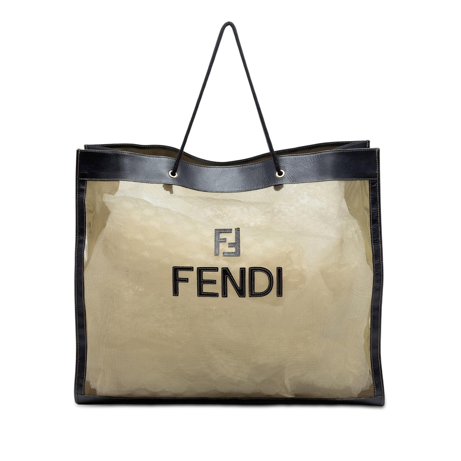 Fendi Brown Mesh Fabric Tote with Leather Trim and Handles: Fendi Brown Mesh Fabric Tote with Leather Trim and Handles This Fendi mesh tote features a mesh body with leather trim, flat leather handles, and an open top. The tote is crafted in brown fabric and w