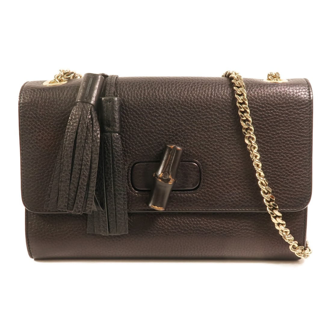 Gucci Black Calfskin Bamboo Chain Shoulder Bag with Gold Hardware: Gucci Black Calfskin Bamboo Chain Shoulder Bag with Gold Hardware This GUCCI GG Bamboo Chain Shoulder Bag is crafted from black calfskin leather and features gold-tone hardware with a distinctive bamb