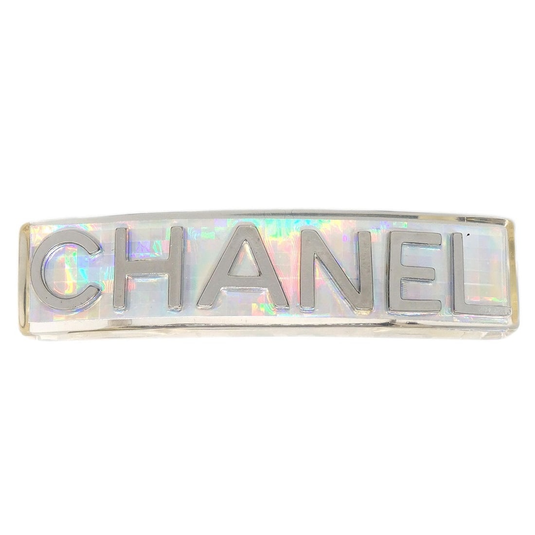 Chanel 97P Clear Acrylic Hair Barrette Made in France: Chanel 97P Clear Acrylic Hair Barrette Made in France Chanel clear hair clip barrette for women, made in France. This acrylic barrette features silver-plated accents and is marked 97P. Condition is ve