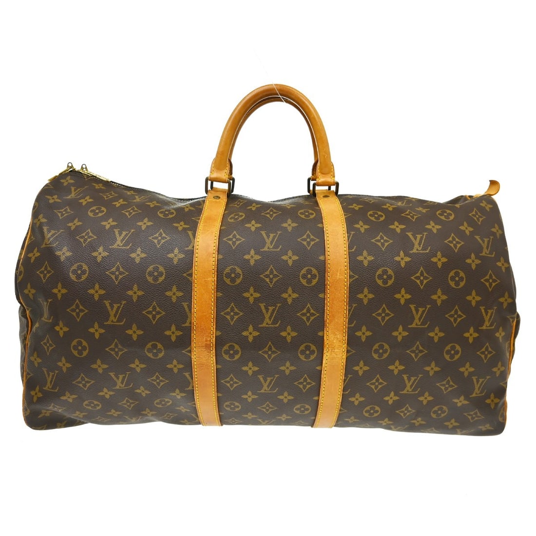 Vintage Louis Vuitton Keepall 55 Monogram Travel Duffle M41424: Vintage Louis Vuitton Keepall 55 Monogram Travel Duffle M41424 Vintage Louis Vuitton Keepall 55 travel handbag in brown Monogram canvas with leather trim and double handles. This extra large duffle-st