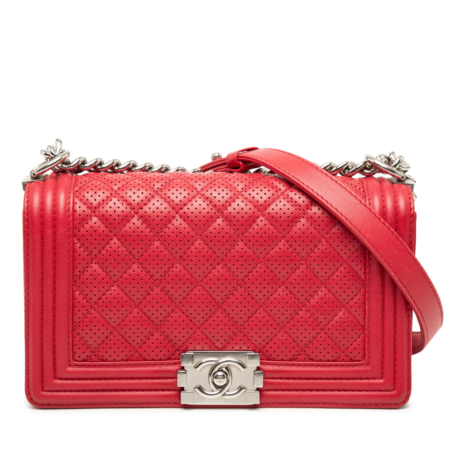 Chanel Boy Flap Old Medium red perforated lambskin shoulder bag: Chanel Boy Flap Old Medium red perforated lambskin shoulder bag Chanel Old Medium Boy Flap shoulder bag in red perforated quilted lambskin leather. It features a chain link shoulder strap, a front fla