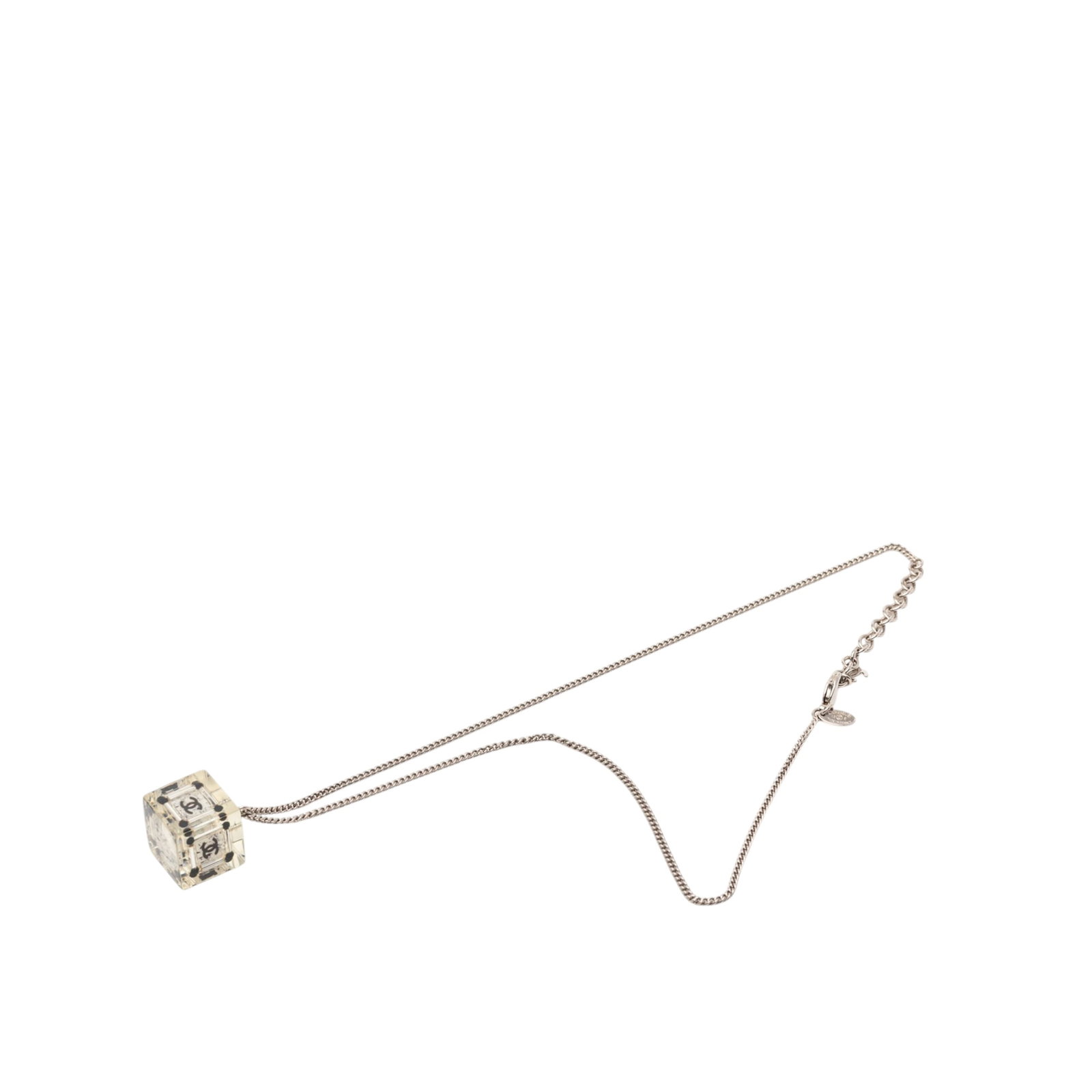 Chanel CC Logo Acrylic Cube Pendant Necklace with Silver Tone Chain: Chanel CC Logo Acrylic Cube Pendant Necklace with Silver Tone Chain This Chanel necklace features a silver-tone chain with an acrylic cube pendant and a lobster clasp closure. The necklace is made fro