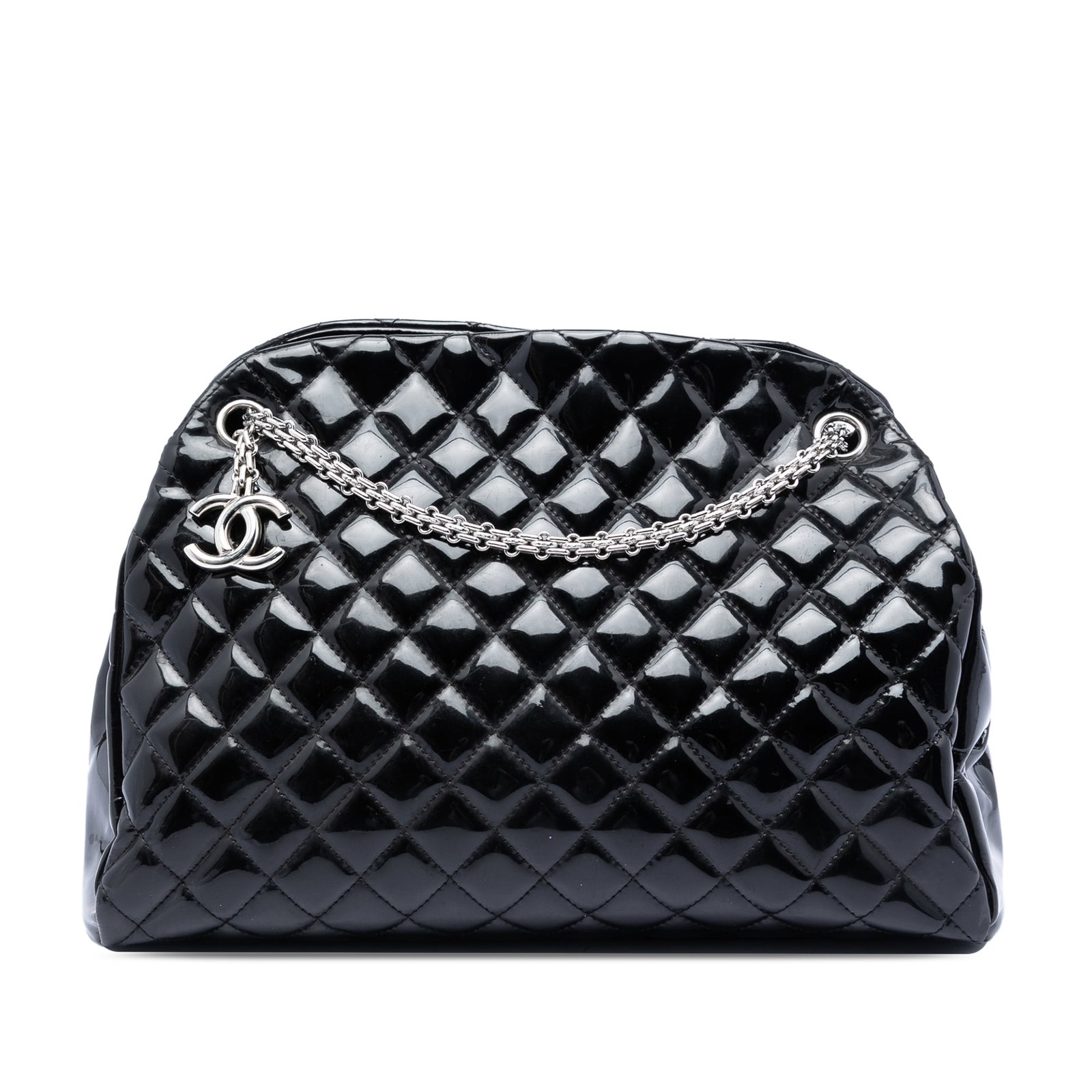 Chanel black patent leather bowling bag Just Mademoiselle: Chanel black patent leather bowling bag Just Mademoiselle This Chanel Large Quilted Patent Just Mademoiselle Bowling Bag is crafted from black quilted patent leather and features chain link shoulder s