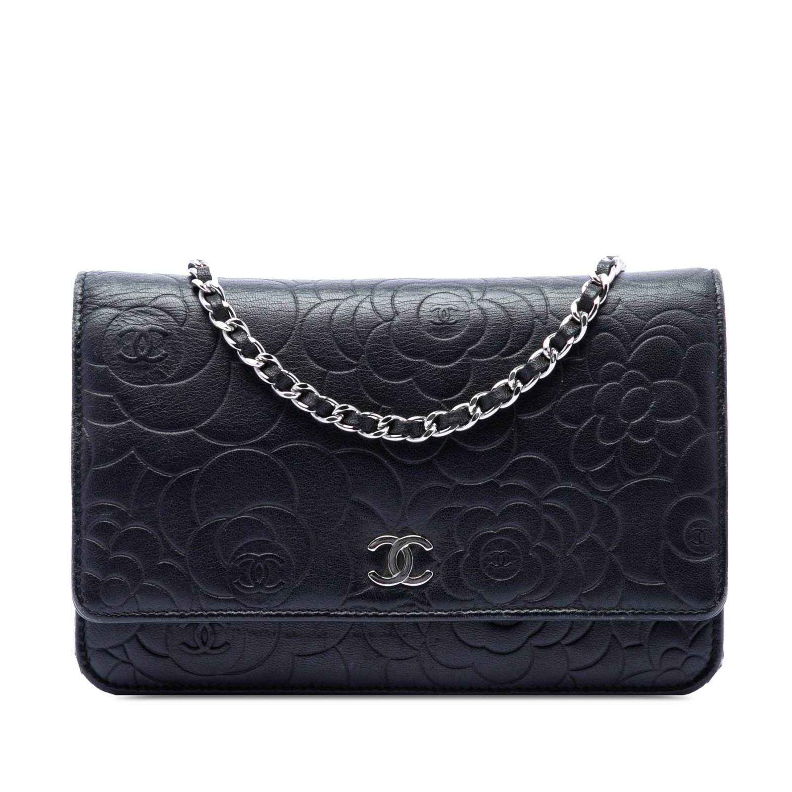 Chanel Camellia Wallet On Chain Black Lambskin Chain Strap: Chanel Camellia Wallet On Chain Black Lambskin Chain Strap This Chanel CC Embossed Lambskin Camellia Wallet On Chain features a quilted lambskin leather body in black, complemented by a leather-woven 
