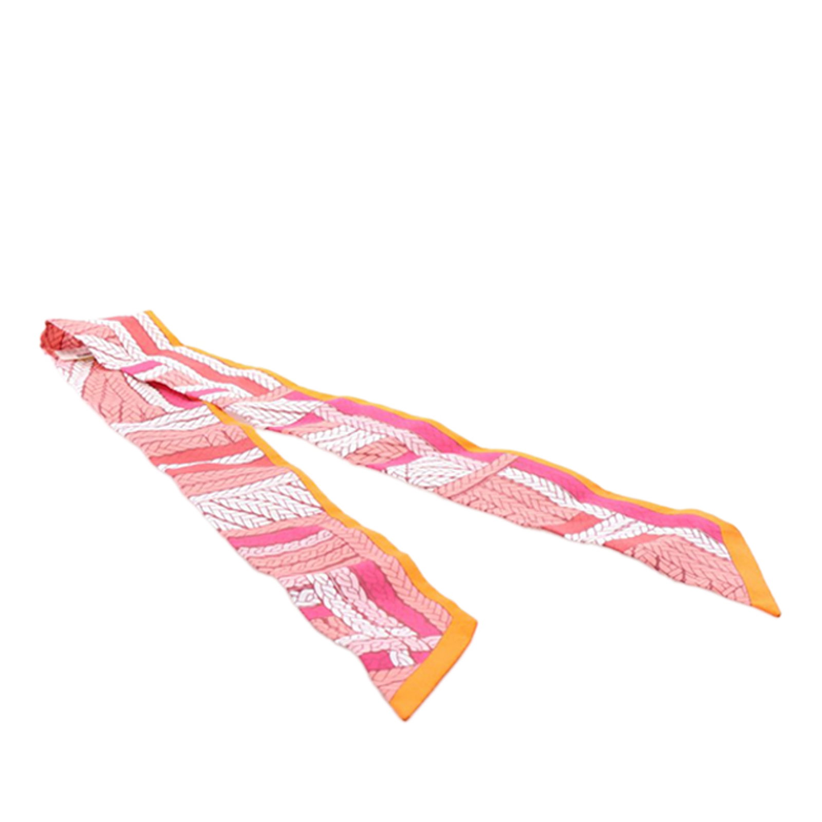 Hermes Pink Silk Twilly Tresses H Scarf: Hermes Pink Silk Twilly Tresses H Scarf This Hermes Tresses H Twilly Scarf is crafted from 100% silk and features a vibrant printed design in pink. Made in France, this scarf is an elegant accessory t