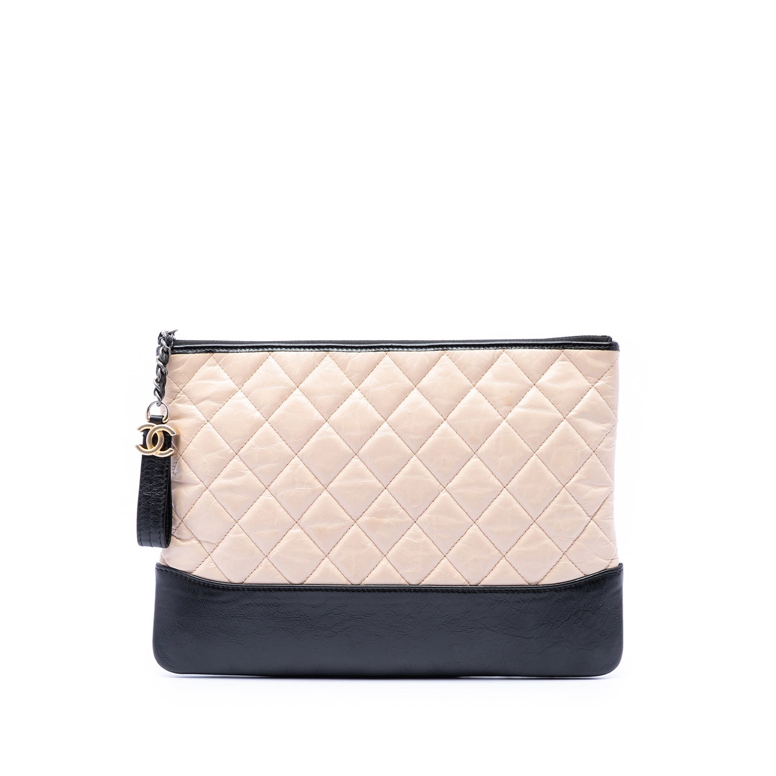 Chanel Gabrielle O Case quilted calf leather clutch bag: Chanel Gabrielle O Case quilted calf leather clutch bag This Chanel Medium Aged Calfskin Gabrielle O Case Clutch is crafted from quilted calf leather in a brown hue. It features a top zip closure and 