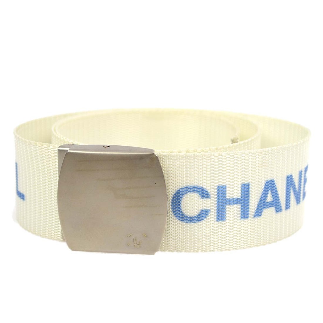 CHANEL 99S white nylon waist belt with logo buckle: CHANEL 99S white nylon waist belt with logo buckle Chanel waist belt in white nylon with an adjustable fit and buckle accent. This women's belt is marked 99S and shows reasonable wear, including dirt 