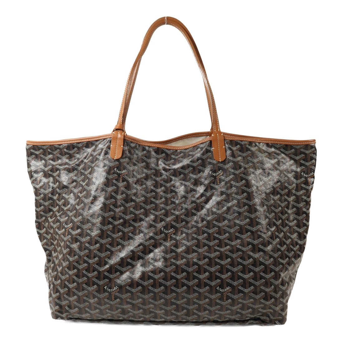 Goyard Saint Louis GM Brown Black Coated Canvas Tote with Silver Hardware: Goyard Saint Louis GM Brown Black Coated Canvas Tote with Silver Hardware This GOYARD Saint Louis GM tote bag features a brown PVC coated canvas exterior with calfskin leather accents. The bag is desi