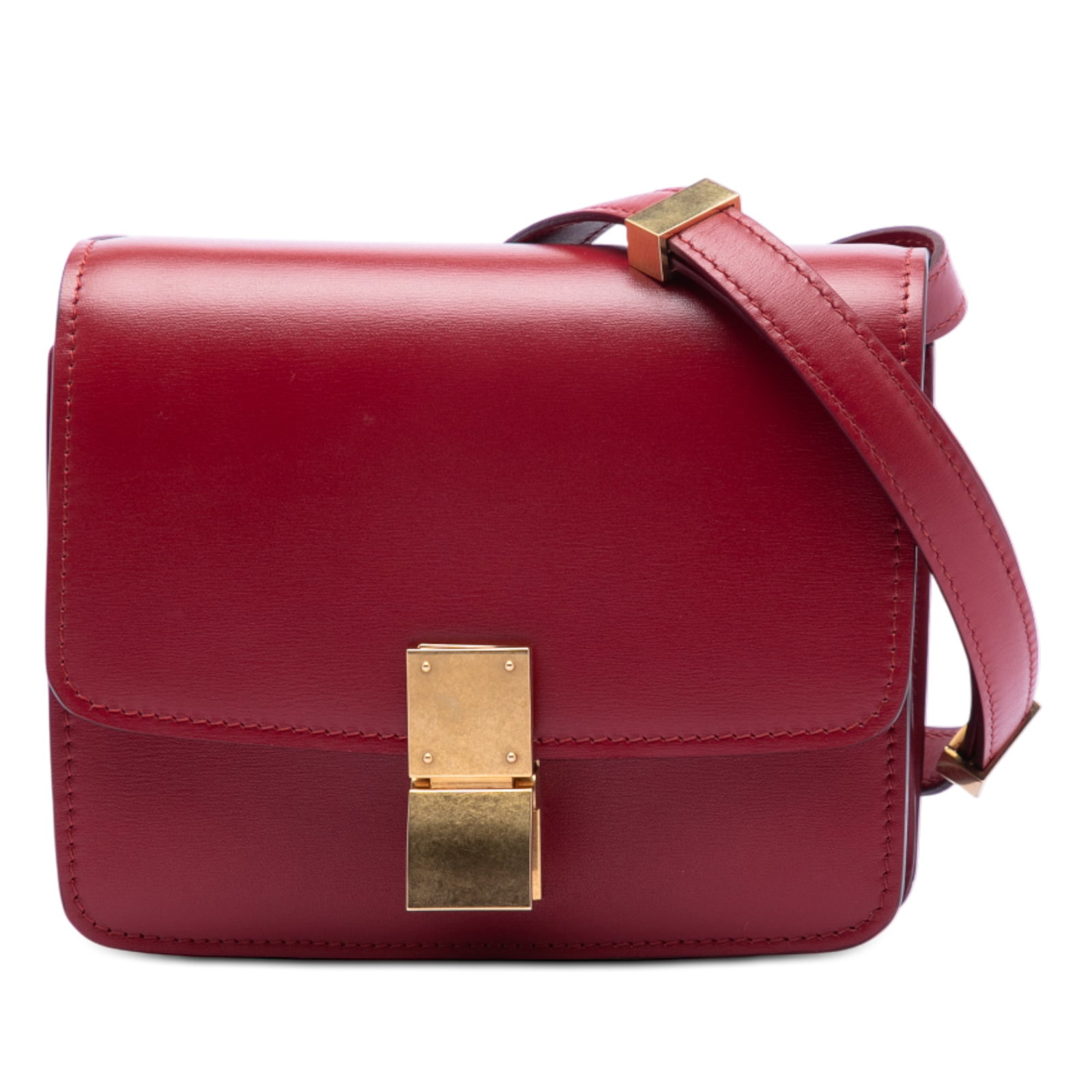 Celine Classic Box Small Red Leather Crossbody Bag: Celine Classic Box Small Red Leather Crossbody Bag This Celine Small Calfskin Classic Box crossbody bag features a luxurious leather body in red, a flat leather strap, a front flap with a push lock cl