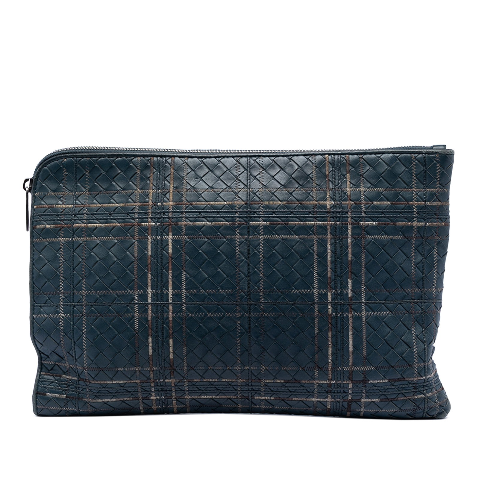 Bottega Veneta Metropolis blue woven leather document clutch: Bottega Veneta Metropolis blue woven leather document clutch This Bottega Veneta Nappa Intrecciato Metropolis Document Case is crafted in blue woven leather and features a top zip closure with interio