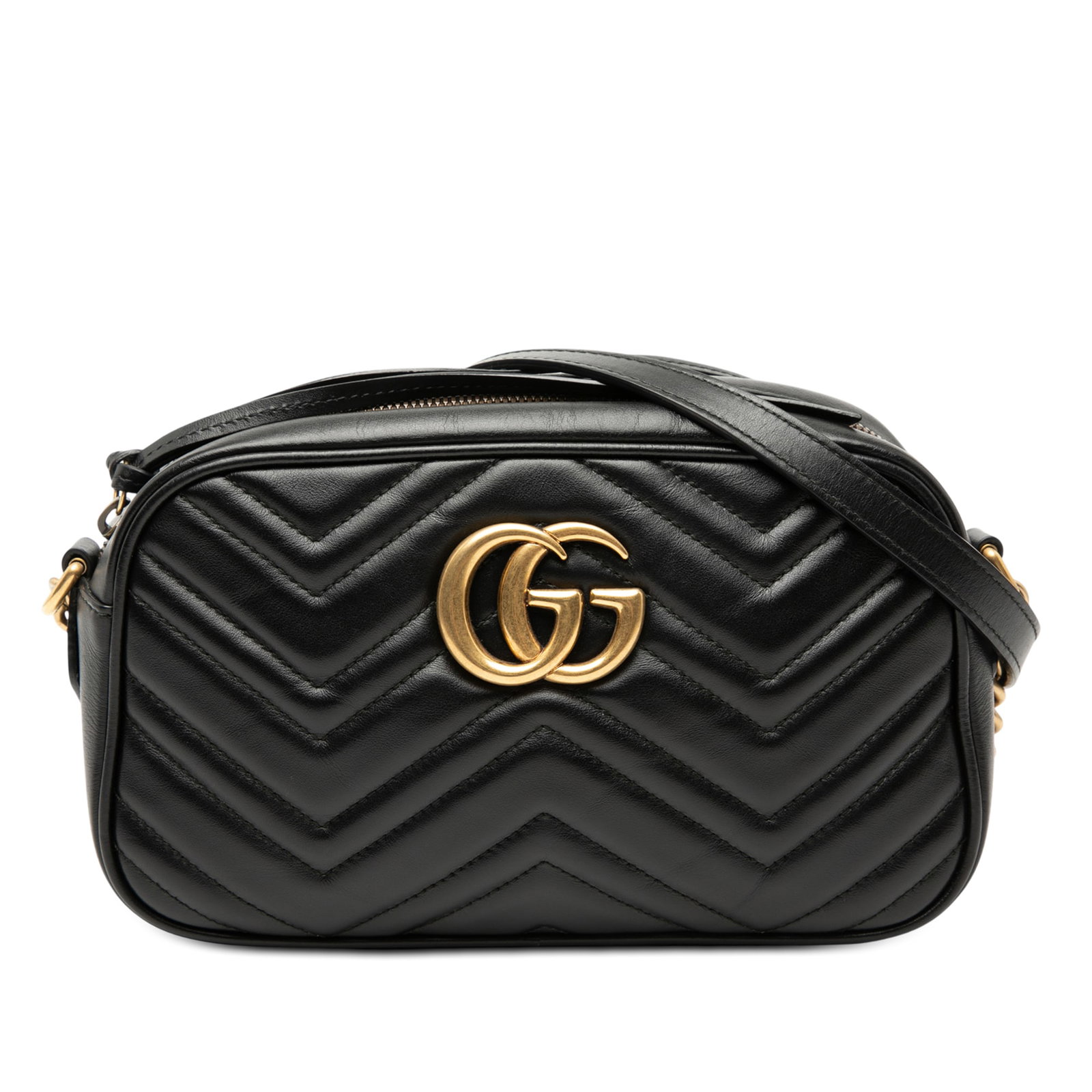 Gucci GG Marmont black calfskin crossbody bag: Gucci GG Marmont black calfskin crossbody bag This Gucci Small GG Marmont Matelasse Calfskin Crossbody bag is crafted from quilted black leather and features a chain link with an adjustable leather sh