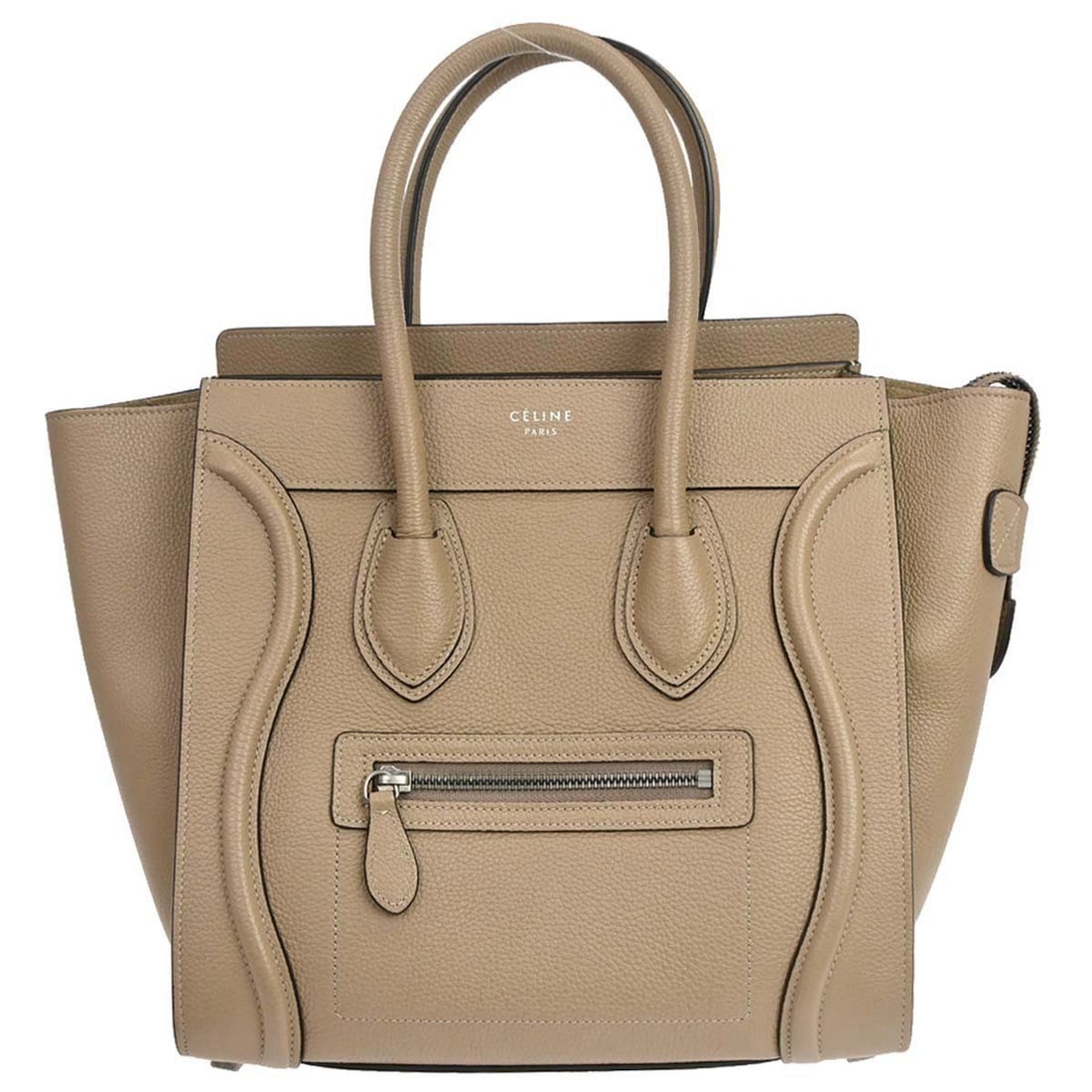 CELINE Luggage Micro Tote Beige Leather Top Handle Bag: CELINE Luggage Micro Tote Beige Leather Top Handle Bag Celine Luggage Micro tote handbag in beige leather with a zip closure, top handles, and logo accents. The bag features one exterior zipper pocket