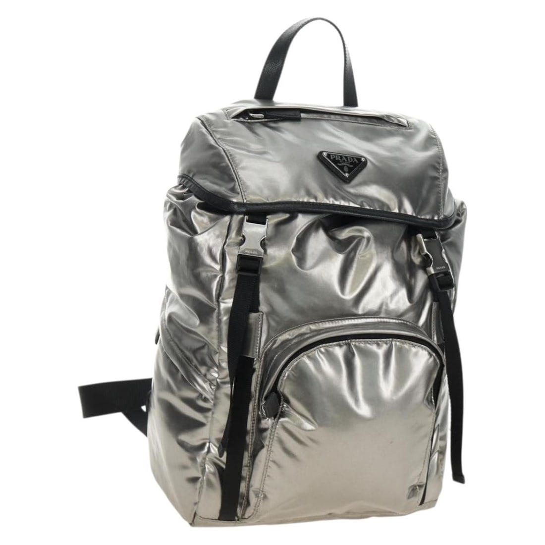 PRADA Silver PVC Leather Backpack with Dust Bag Made in Italy: PRADA Silver PVC Leather Backpack with Dust Bag Made in Italy Prada women's backpack in silver PVC leather. This Italy-made bag includes a dust bag and is graded Rank A / Excellent condition. The exte