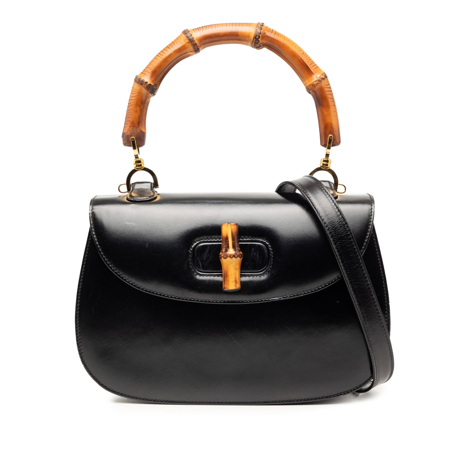 Gucci Bamboo Night Black Leather Top Handle Shoulder Bag: Gucci Bamboo Night Black Leather Top Handle Shoulder Bag Gucci Calfskin Bamboo Night handbag in black leather with a bamboo top handle, detachable flat leather shoulder strap, and flap closure with ba