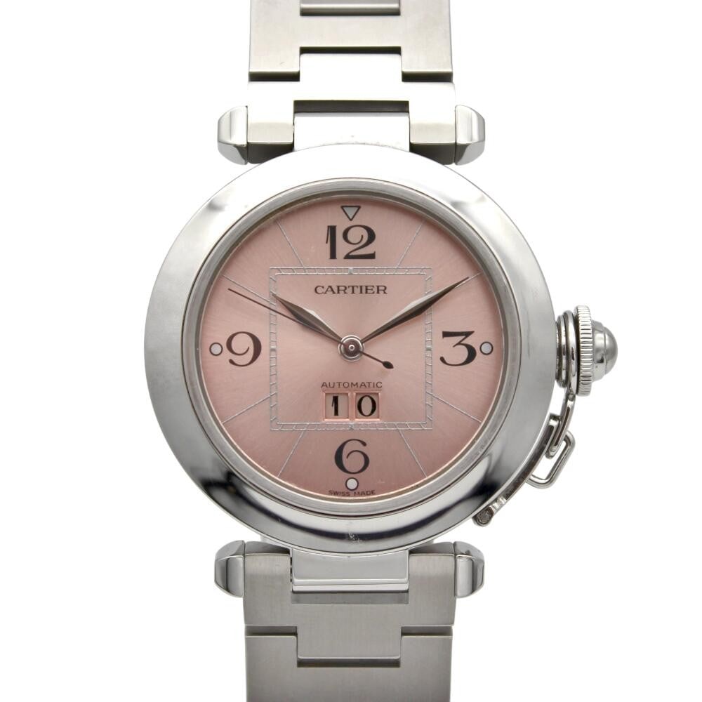 Cartier Pasha C Pink Dial Automatic 35mm Stainless Steel Watch: Cartier Pasha C Pink Dial Automatic 35mm Stainless Steel Watch This Cartier Pasha C Big Date wristwatch features a pink dial and is crafted from stainless steel. Designed for women, it has an automati