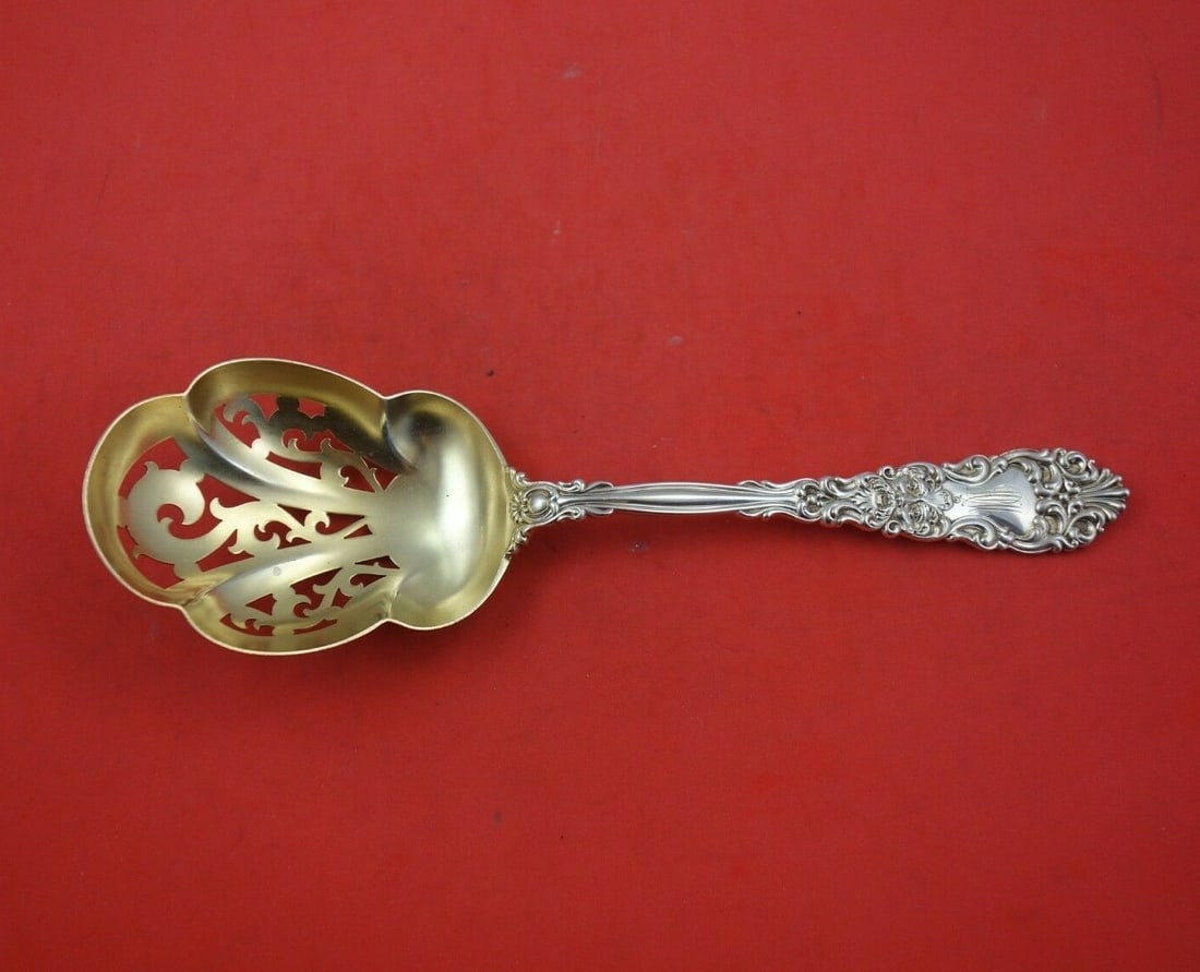 Dominick & Haff Renaissance Sterling Silver Gold Washed Ice Spoon 8 7/8": Dominick & Haff Renaissance Sterling Silver Gold Washed Ice Spoon 8 7/8" This exquisite ice spoon from the Renaissance pattern by Dominick and Haff showcases the elegance of 19th-century craftsmanship