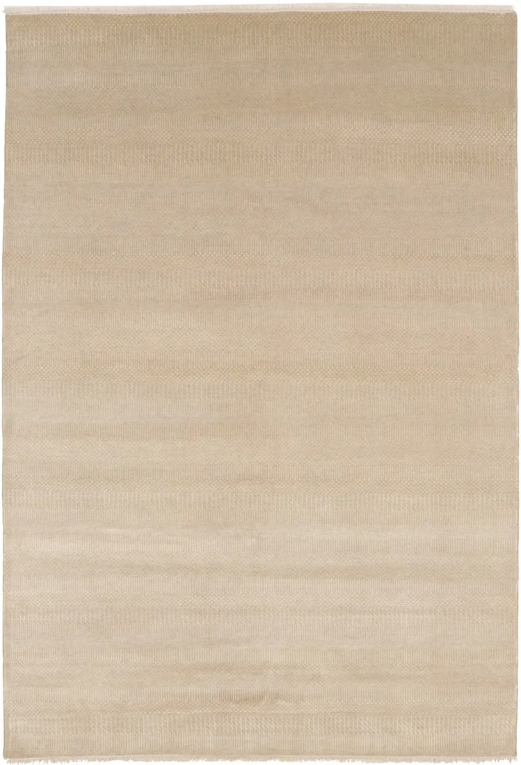 Hand-Knotted Wool Area Rug With Beige Grass Pattern 6'0" x 8'10": Hand-Knotted Wool Area Rug With Beige Grass Pattern 6'0" x 8'10" This contemporary hand-knotted wool area rug features a modern grass design in beige and cream tones. Crafted in India, this rectangula