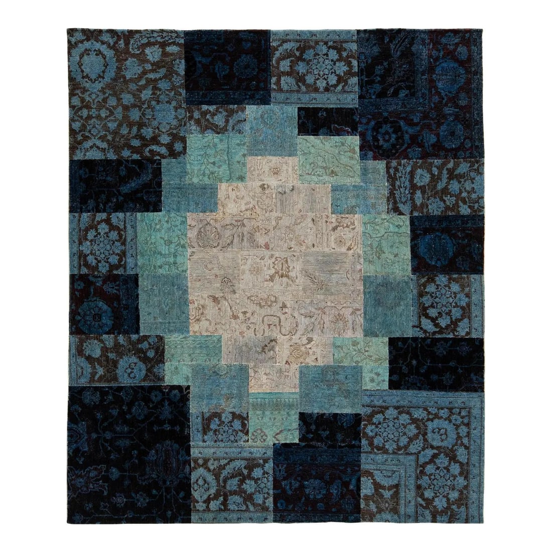 Handcrafted Blue Wool Rug 8' x 9' Floral Patchwork Design: Handcrafted Blue Wool Rug 8' x 9' Floral Patchwork Design Enhance your living space with this exquisite handcrafted modern wool rug, featuring a captivating blue field with a floral-inspired pattern. 