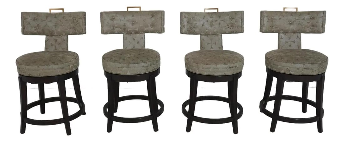 Queensdale Modern Barstools Set of Four with Green Upholstery and Brass Handles: Queensdale Modern Barstools Set of Four with Green Upholstery and Brass Handles Set of four Guy Chaddock Queensdale barstool chairs featuring modern green print upholstery and tufted backs. Each chair