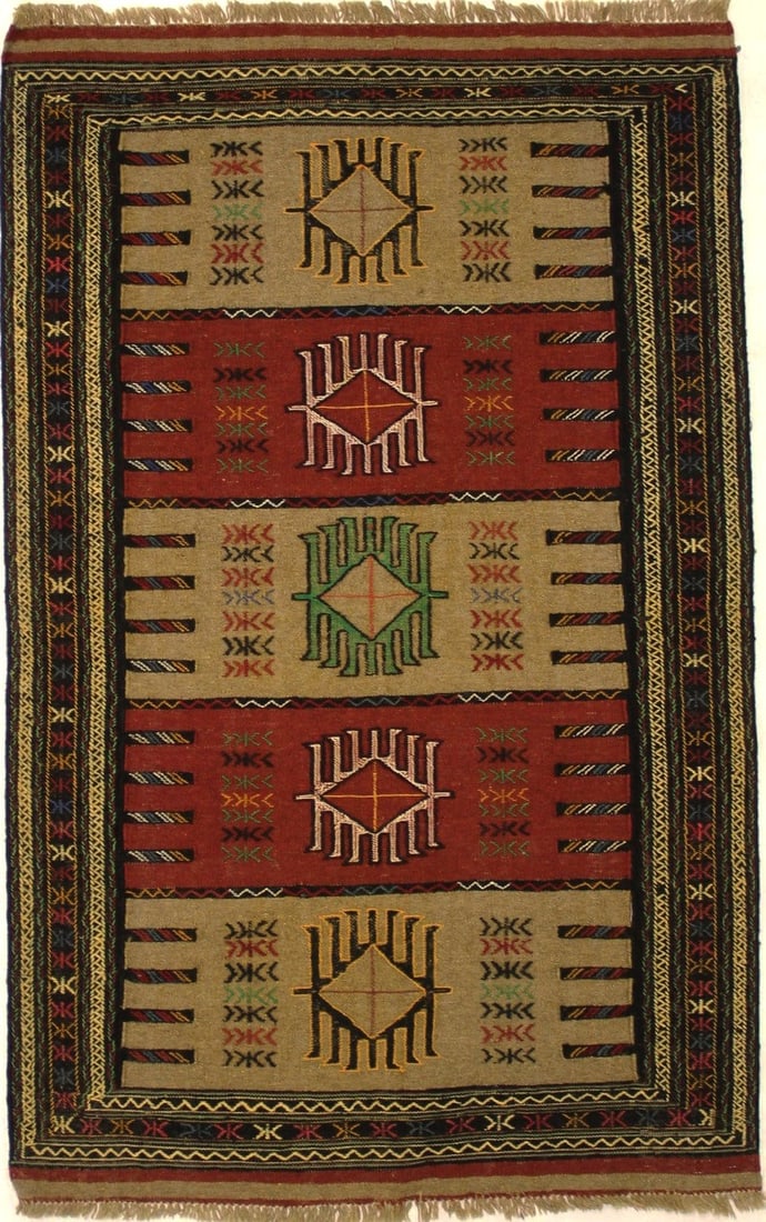 Handwoven Wool Tribal Geometric Area Rug 3' 9" x 6' Modern Entryway Accent: Handwoven Wool Tribal Geometric Area Rug 3' 9" x 6' Modern Entryway Accent This hand-woven oriental rug features a tribal geometric pattern in a blend of khaki, red, green, buff, cherry red, blue, mar
