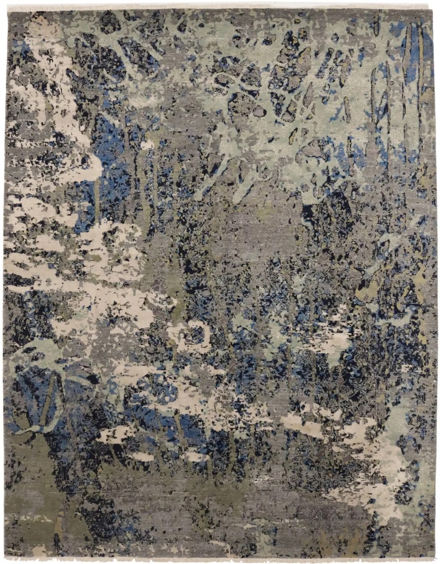 8'0" x 10'2" Hand-Knotted Wool Modern Abstract Multicolor Area Rug: 8'0" x 10'2" Hand-Knotted Wool Modern Abstract Multicolor Area Rug This contemporary area rug features a hand-knotted abstract design in a multicolored palette including tan, cream, dark navy blue, an