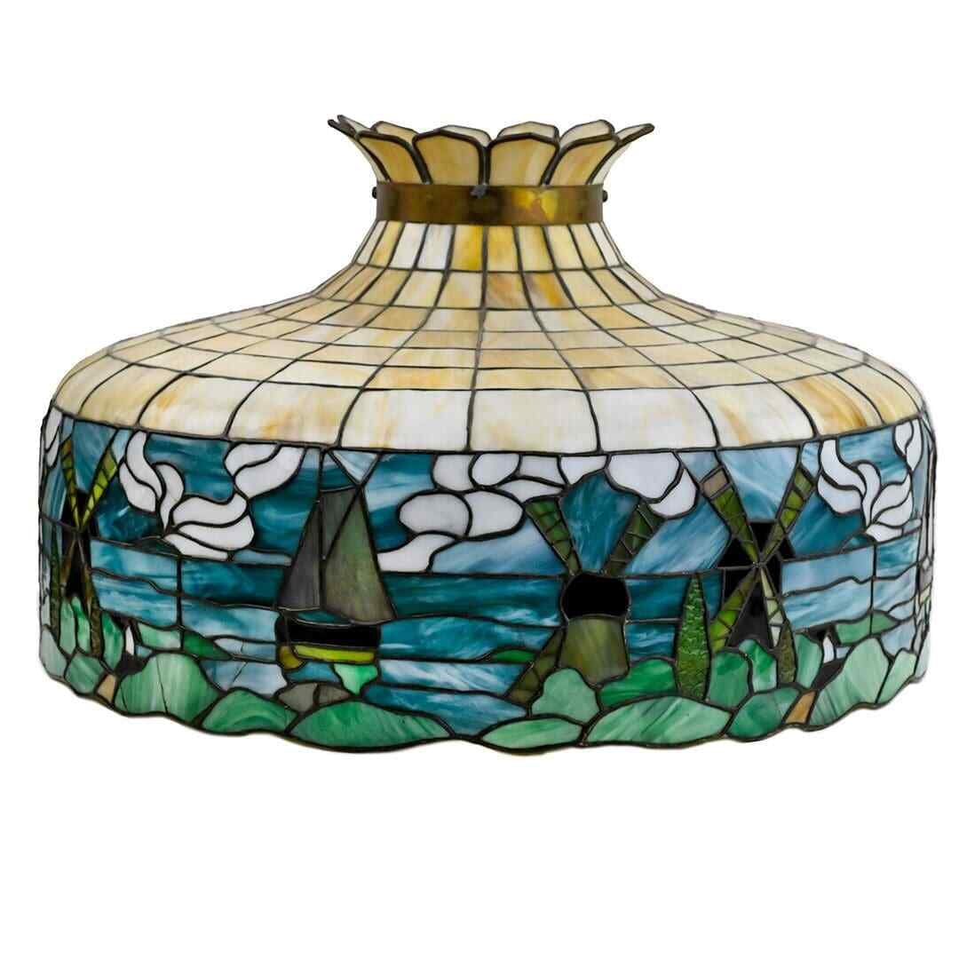 Art Nouveau American leaded glass hanging lamp with sailboats and windmills (1 of 5)