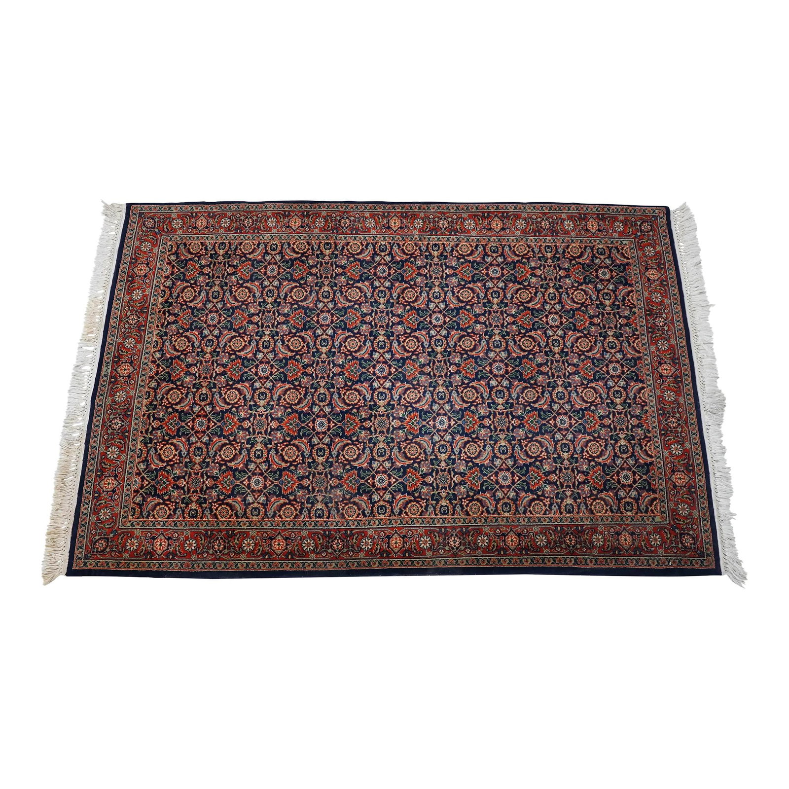 Vintage Traditional 100% Wool 4x6 Red Blue Area Rug: Vintage Traditional 100% Wool 4x6 Red Blue Area Rug This vintage area rug features a traditional style and is made from 100% hand woven wool. It is approximately 50 years old and has been pre-owned, s