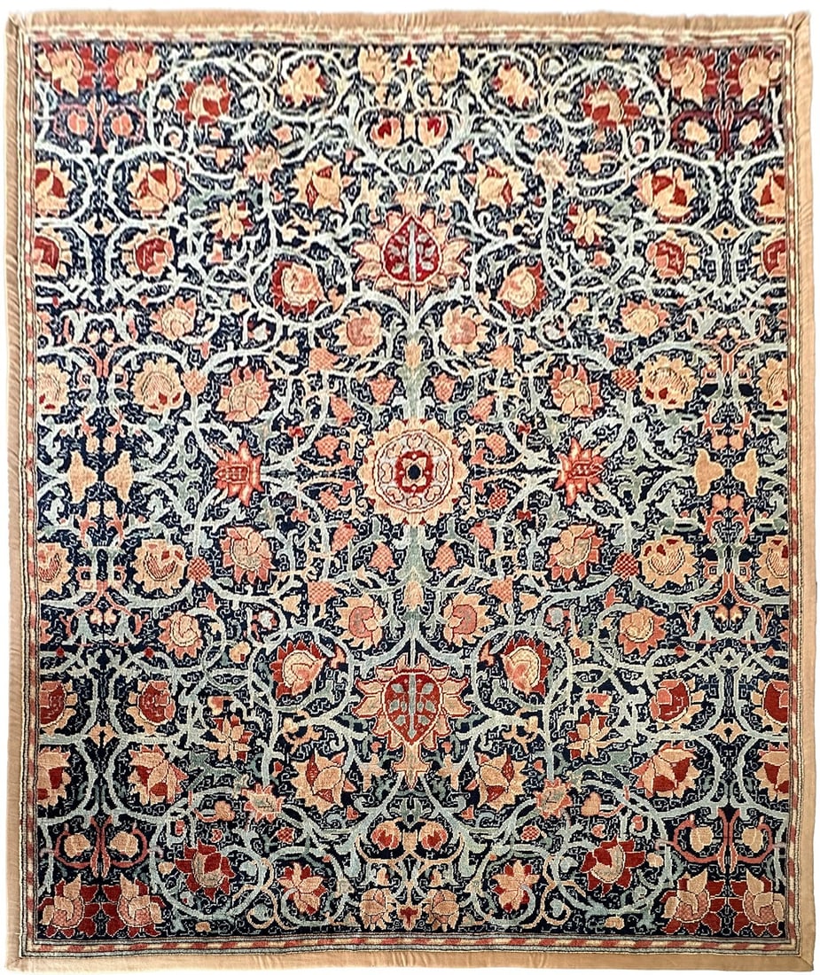Hand Knotted Wool Donegal Style Blue Arts Crafts Rug 10x12: Hand Knotted Wool Donegal Style Blue Arts Crafts Rug 10x12 This vintage European Arts & Crafts rug features a Donegal-inspired geometric design in a striking blue color palette, accented by rust, pink