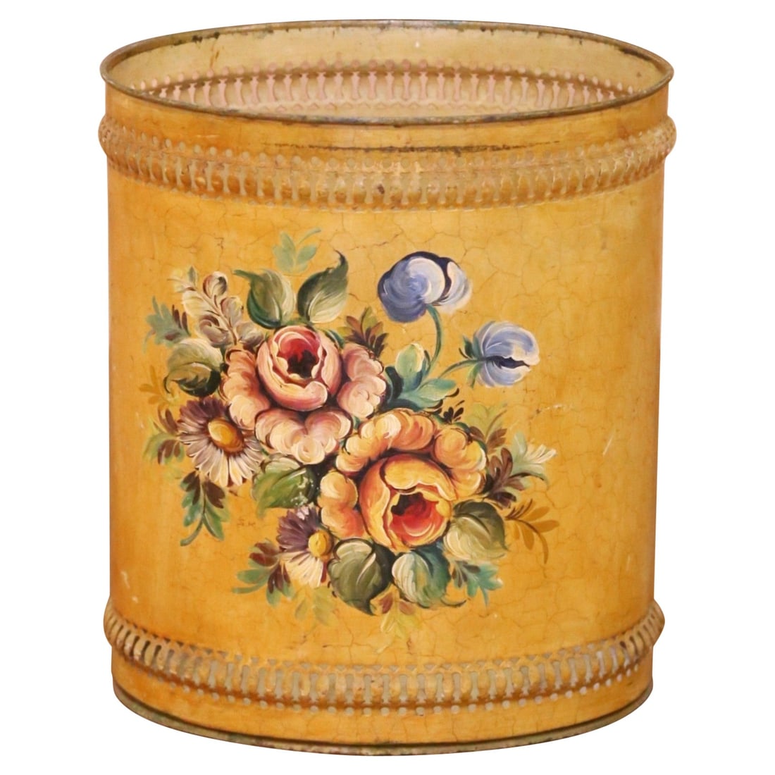 French Mid Century Painted Tole Waste Basket Floral (1 of 12)
