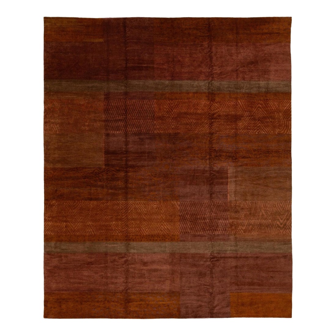 13'5 x 16'4 Modern Tibetan Wool Rug in Burgundy and Terracotta: 13'5 x 16'4 Modern Tibetan Wool Rug in Burgundy and Terracotta Enhance your space with this stunning modern Tibetan weave rug, featuring a captivating golden and terracotta abstract design that draws 