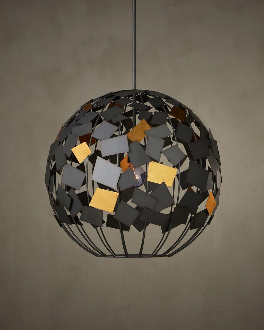 Currey Space-Inspired Chandelier 26.5H Contemporary Gold Leaf Design: Currey Space-Inspired Chandelier 26.5H Contemporary Gold Leaf Design Illuminate your space with the Elegant Hiroshi Koshitaka Space-Inspired Chandelier, a stunning piece that blends contemporary desig
