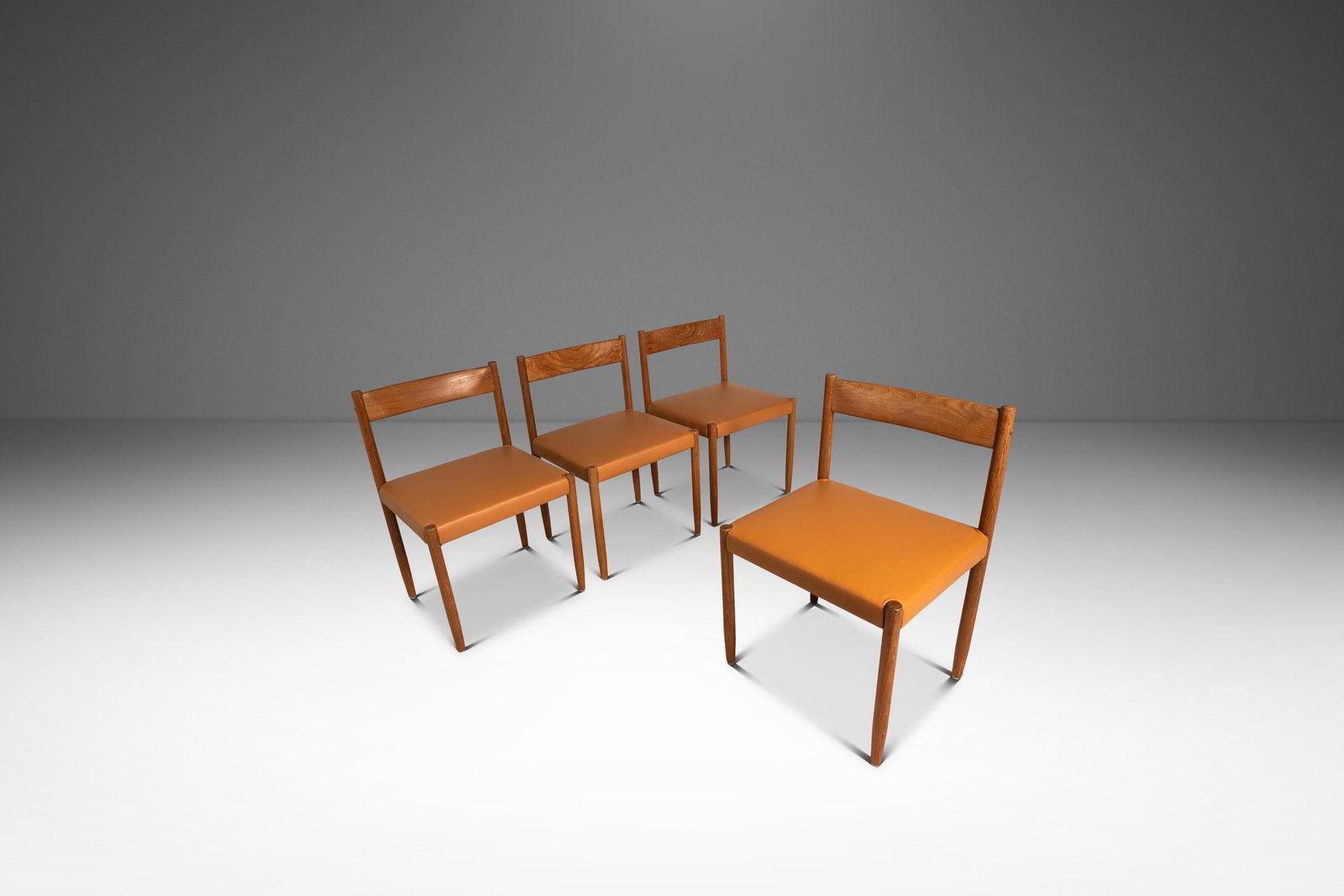 Set of 4 Danish Modern Teak and Leather Dining Chairs by Poul Volther for Frem Rojle: Set of 4 Danish Modern Teak and Leather Dining Chairs by Poul Volther for Frem Rojle This set of four restored mid-century Danish Modern dining chairs was designed by Poul M. Volther for Frem Rojle, D
