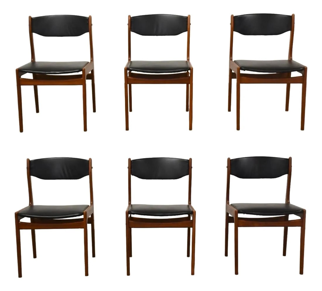 Mid-Century Modern Teak Dining Chairs Set of 6 Black Vinyl: Mid-Century Modern Teak Dining Chairs Set of 6 Black Vinyl This set of six mid-century modern dining chairs showcases a beautiful solid teak construction complemented by black vinyl backrests and seat