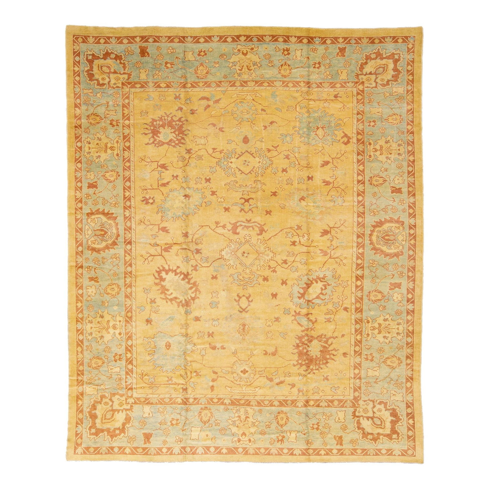 Oversized Modern Oushak Floral Wool Rug Goldenrod 11'9 x 14'4: Oversized Modern Oushak Floral Wool Rug Goldenrod 11'9 x 14'4 Enhance your living space with this stunning modern Oushak handmade wool rug. Featuring a striking goldenrod field, this rug is beautifull