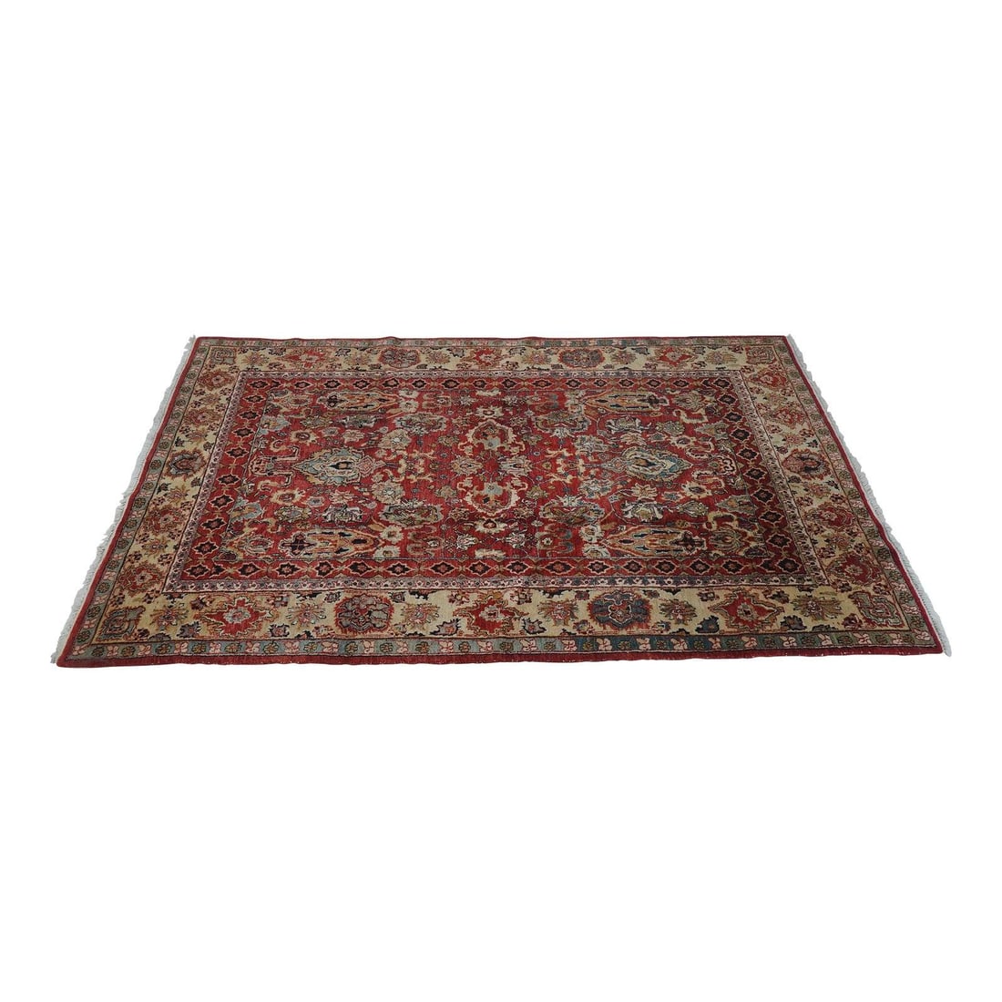 Hand Woven Wool Serapi Style Rug Geometric Pattern 7x11: Hand Woven Wool Serapi Style Rug Geometric Pattern 7x11 This hand-knotted wool rug features a traditional Serapi-inspired geometric pattern with vibrant colors. Expertly crafted with high-quality cons