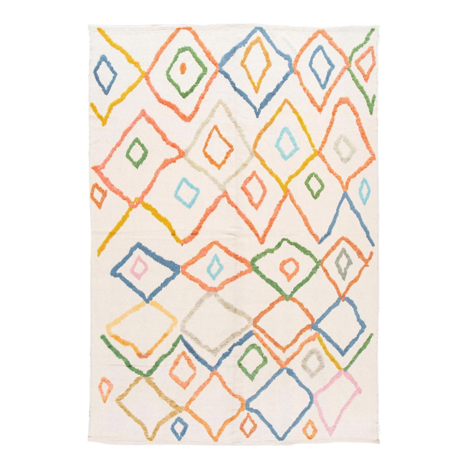 Modern Ivory Wool Rug with Multicolor Tribal Design 8'9 x 12'9: Modern Ivory Wool Rug with Multicolor Tribal Design 8'9 x 12'9 Elevate your space with this exquisite Modern Ivory Moroccan Style Wool Rug. Hand-knotted from premium wool, it features a mesmerizing mu